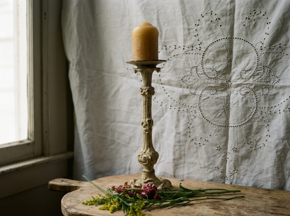 Antique Cast Iron Candlestick - Rust and Cream