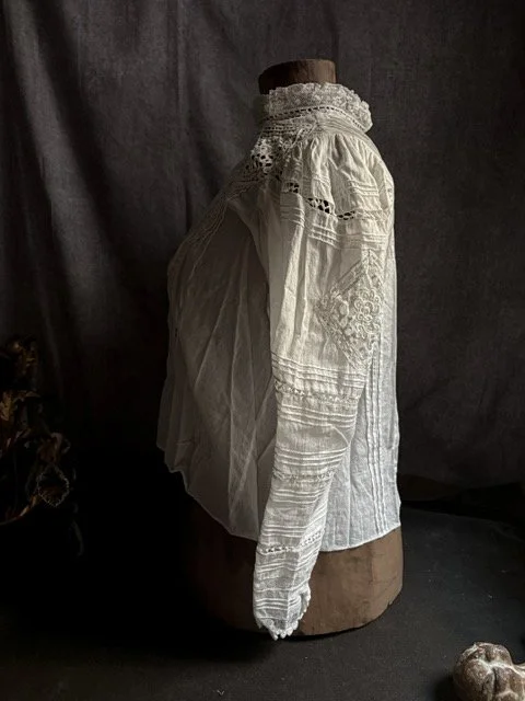 Antique Edwardian Whitework Blouse with Lace & Drawn-Thread Embroidery