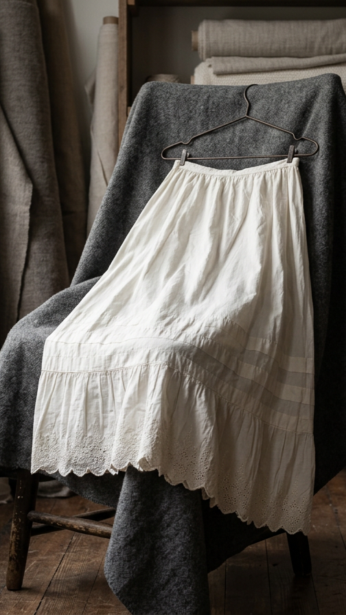Antique White Cotton Petticoat Skirt with Embroidered Lace Hem c. 1920's