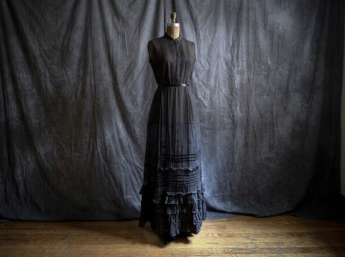 Victorian Elegant Black Ruffled Flounce Skirt with Velvet Trim and Satin Waist.