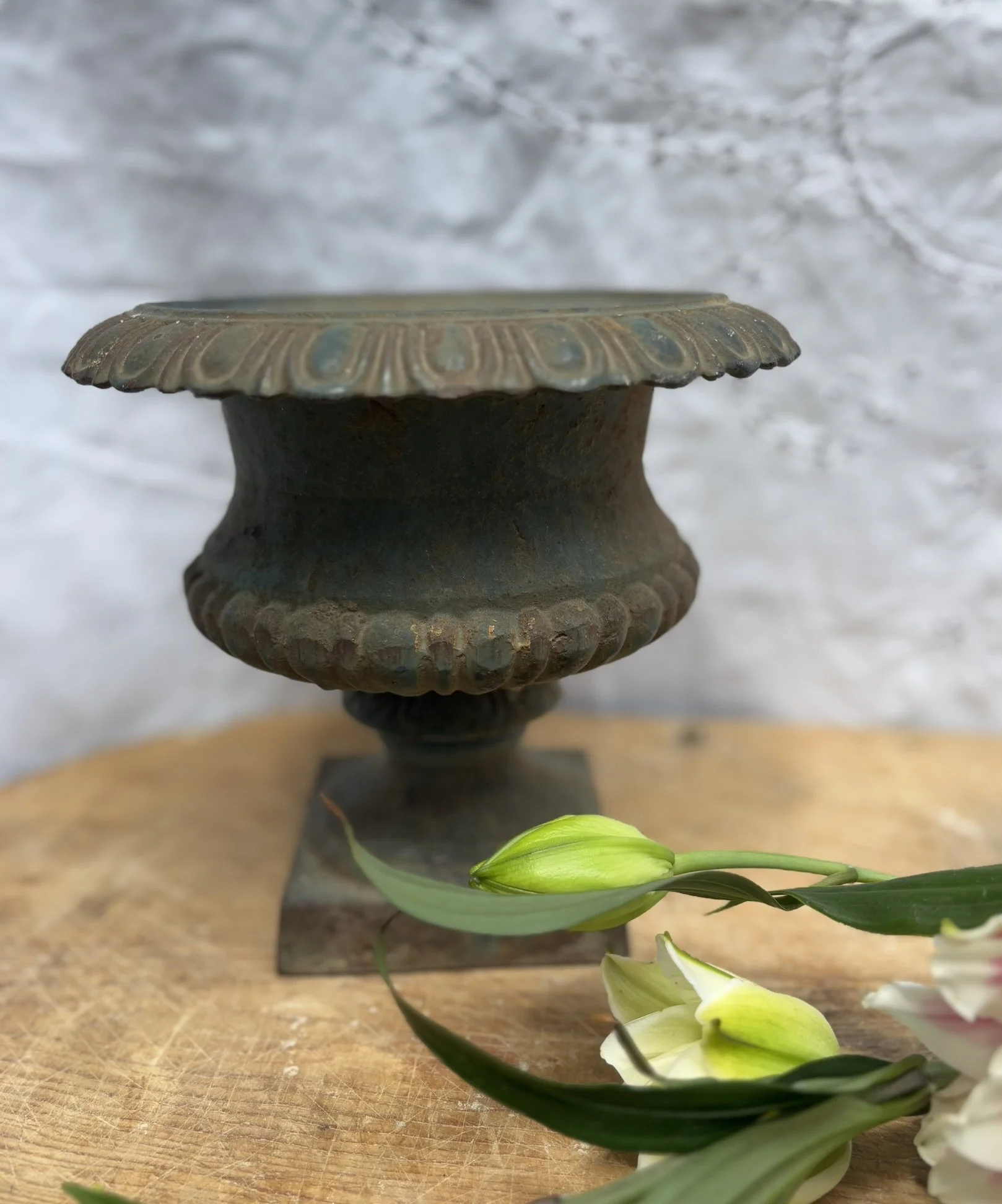 Antique Cast Iron Garden Urn - Sage Patina