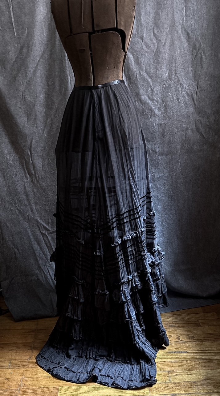 Victorian Elegant Black Ruffled Flounce Skirt with Velvet Trim and Satin Waist.