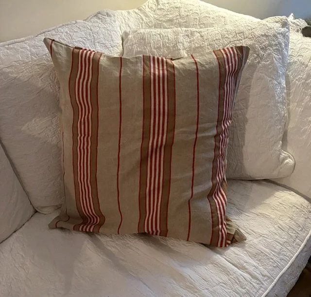 Antique French Linen Striped Pillow - Sage and Red