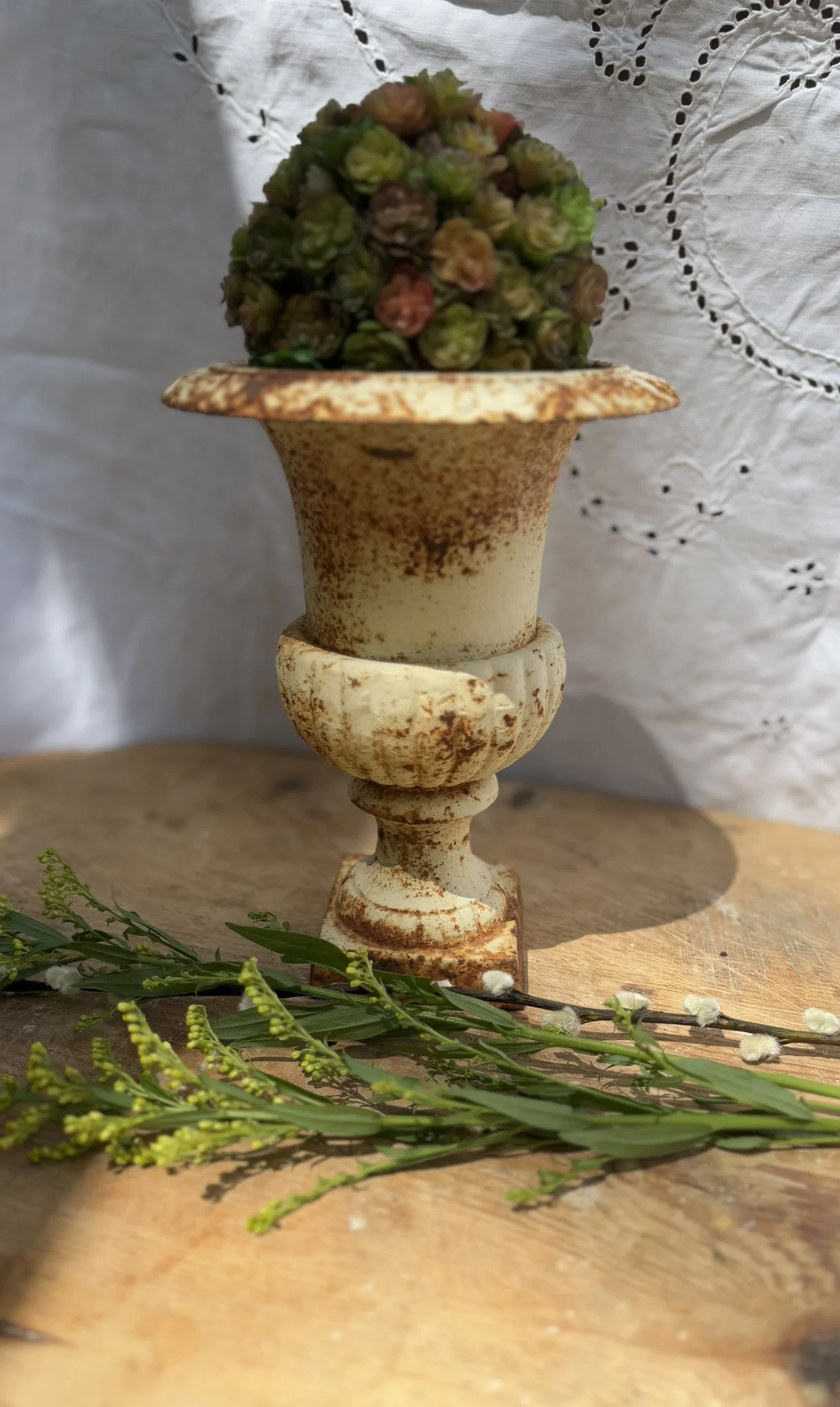 Petite Antique Cast Iron Urn - Cream Patina