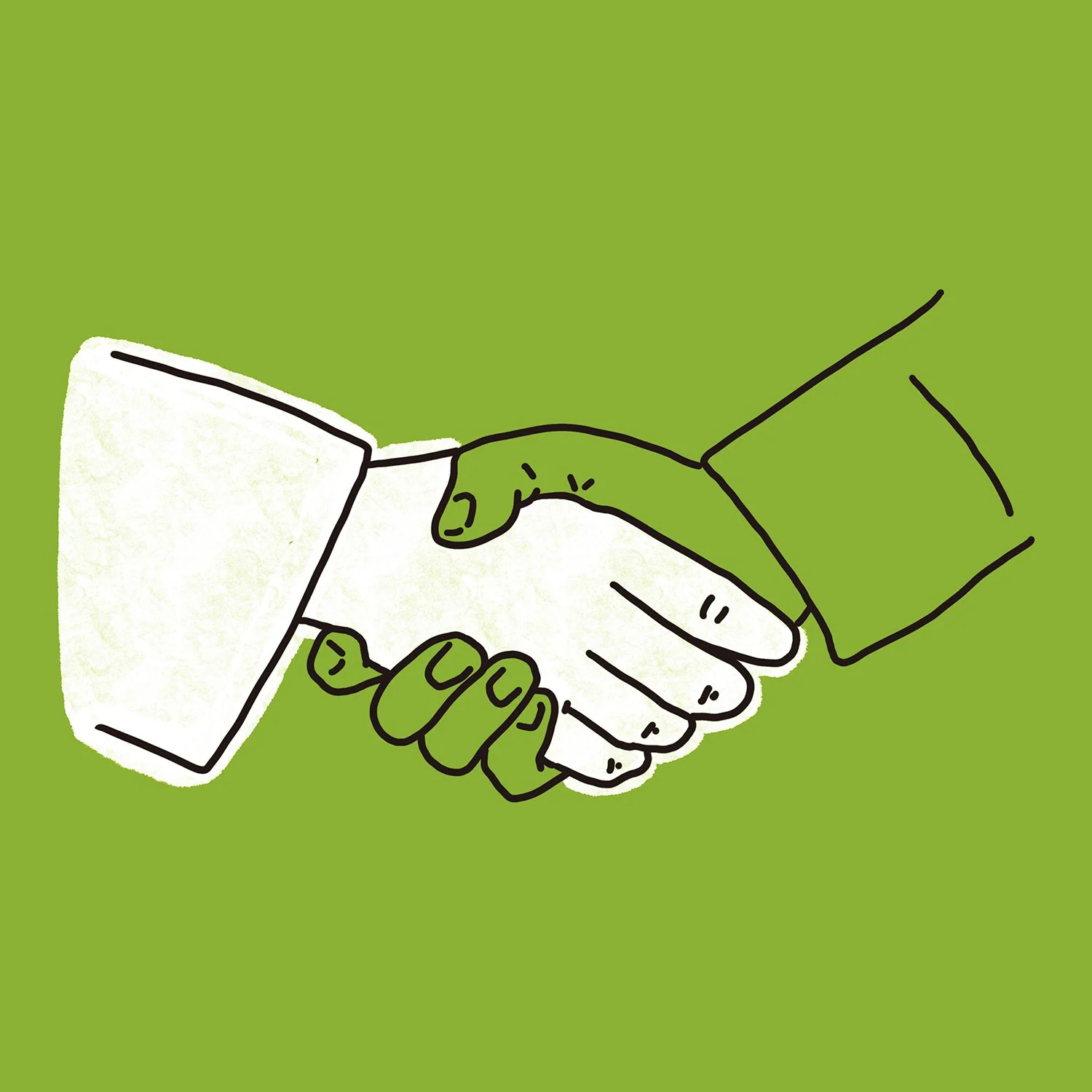 Hand drawns illustration of two hands shaking, one green and one white, on a green background.