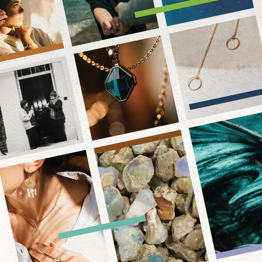 Collage of jewelry and people, including necklaces, earrings, and stones, with some people talking and an individual showing a handshake.