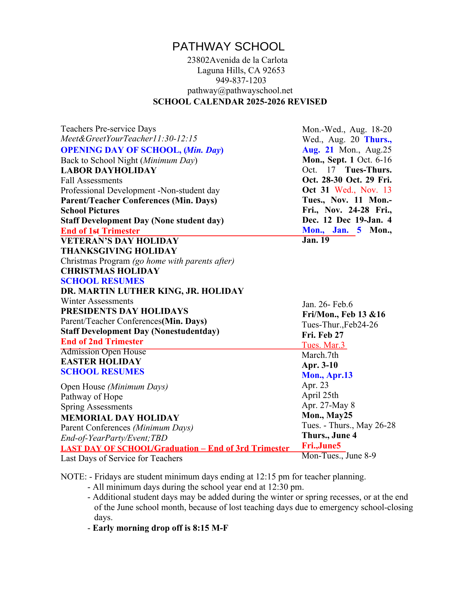 School calendar for Pathway School, listing important dates for the 2025-2026 academic year, including holidays, teacher days, assessments, conferences, and events.