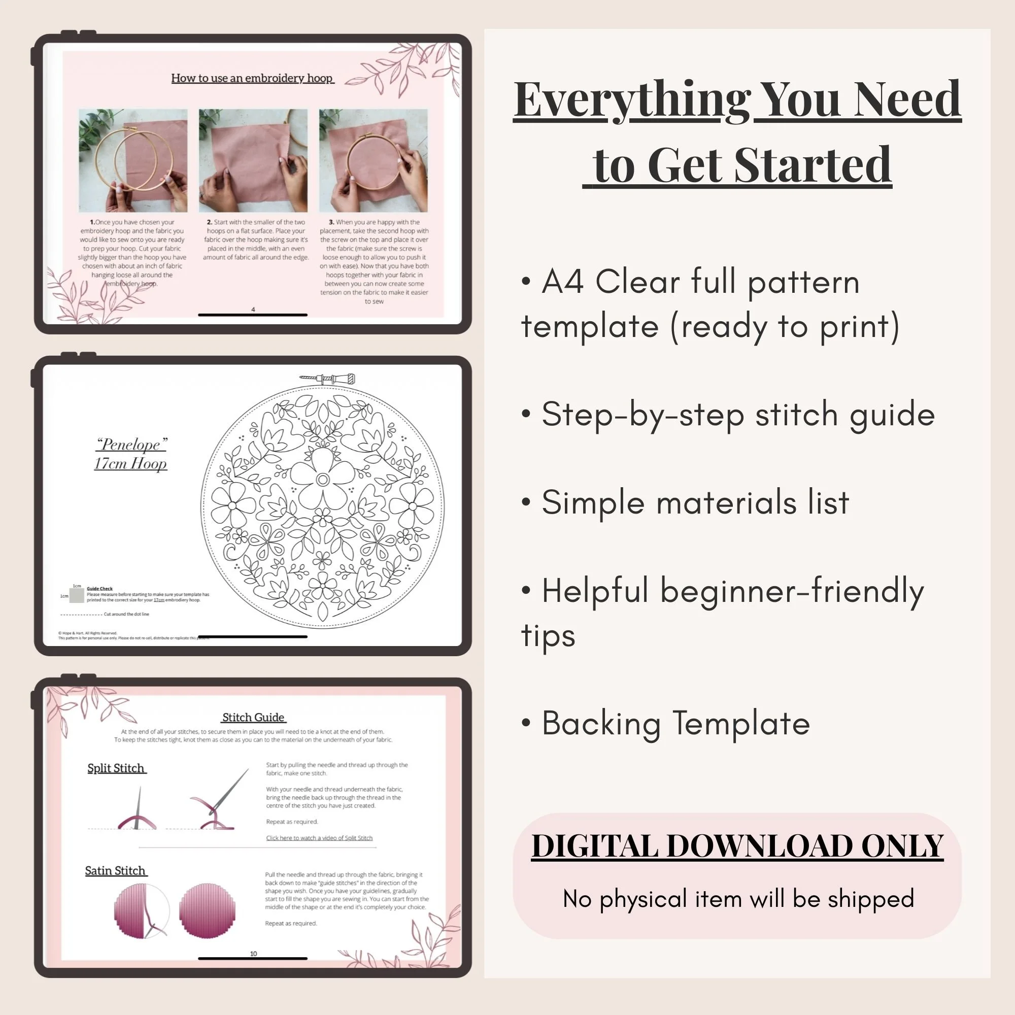 Penelope embroidery pattern PDF contents including printable template, stitch guide and step by step instructions.