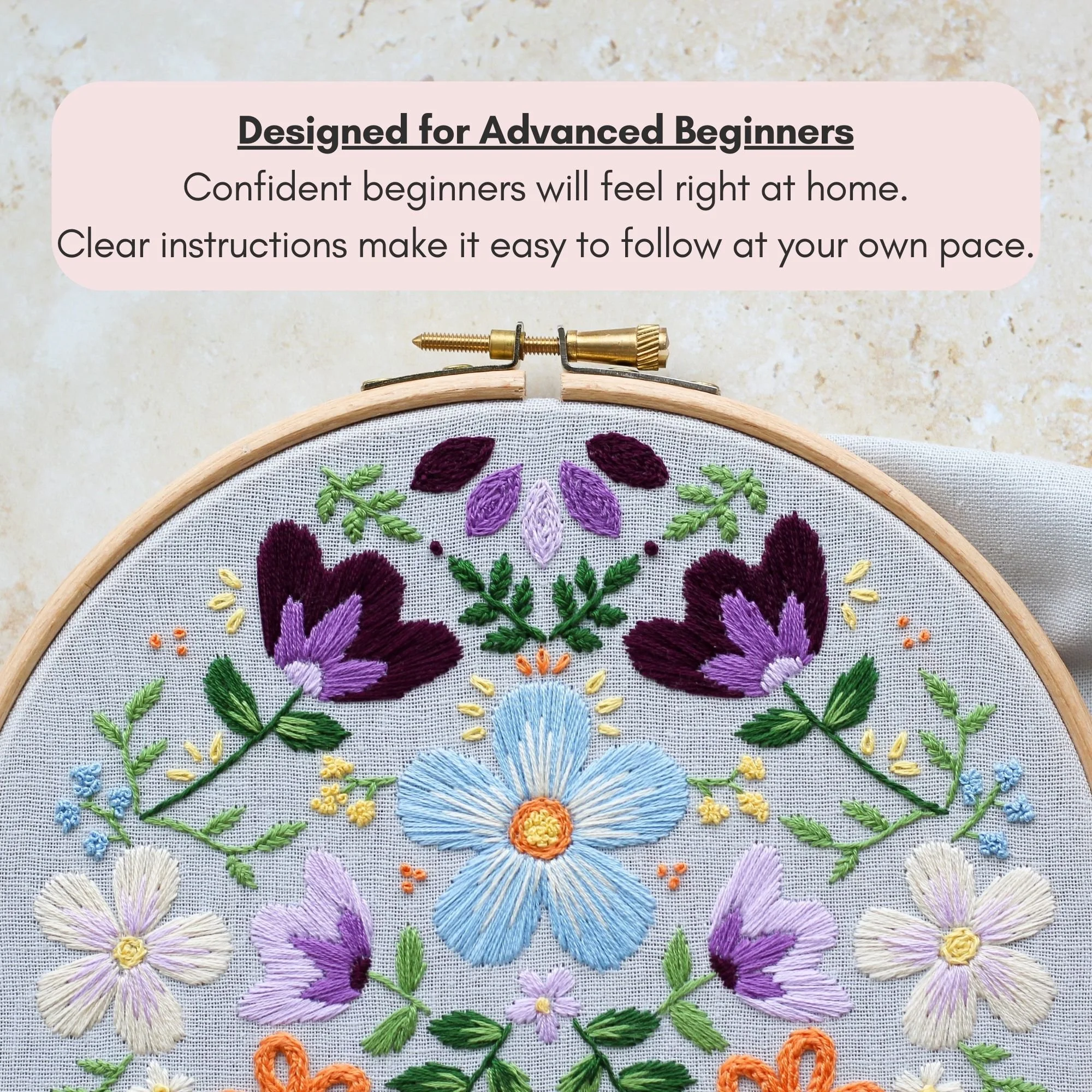 Beginner friendly floral embroidery pattern designed for confident beginners wanting to practise folk style stitches.