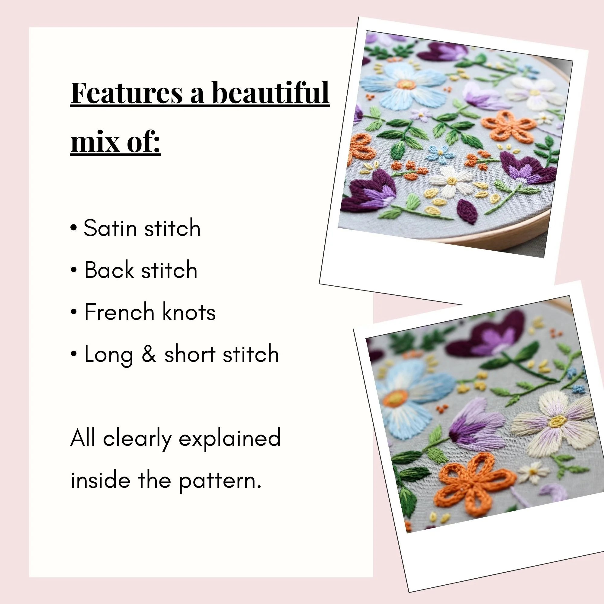 Beginner embroidery stitch guide from Penelope floral pattern PDF showing clear instructions for satin stitch and back stitch.
