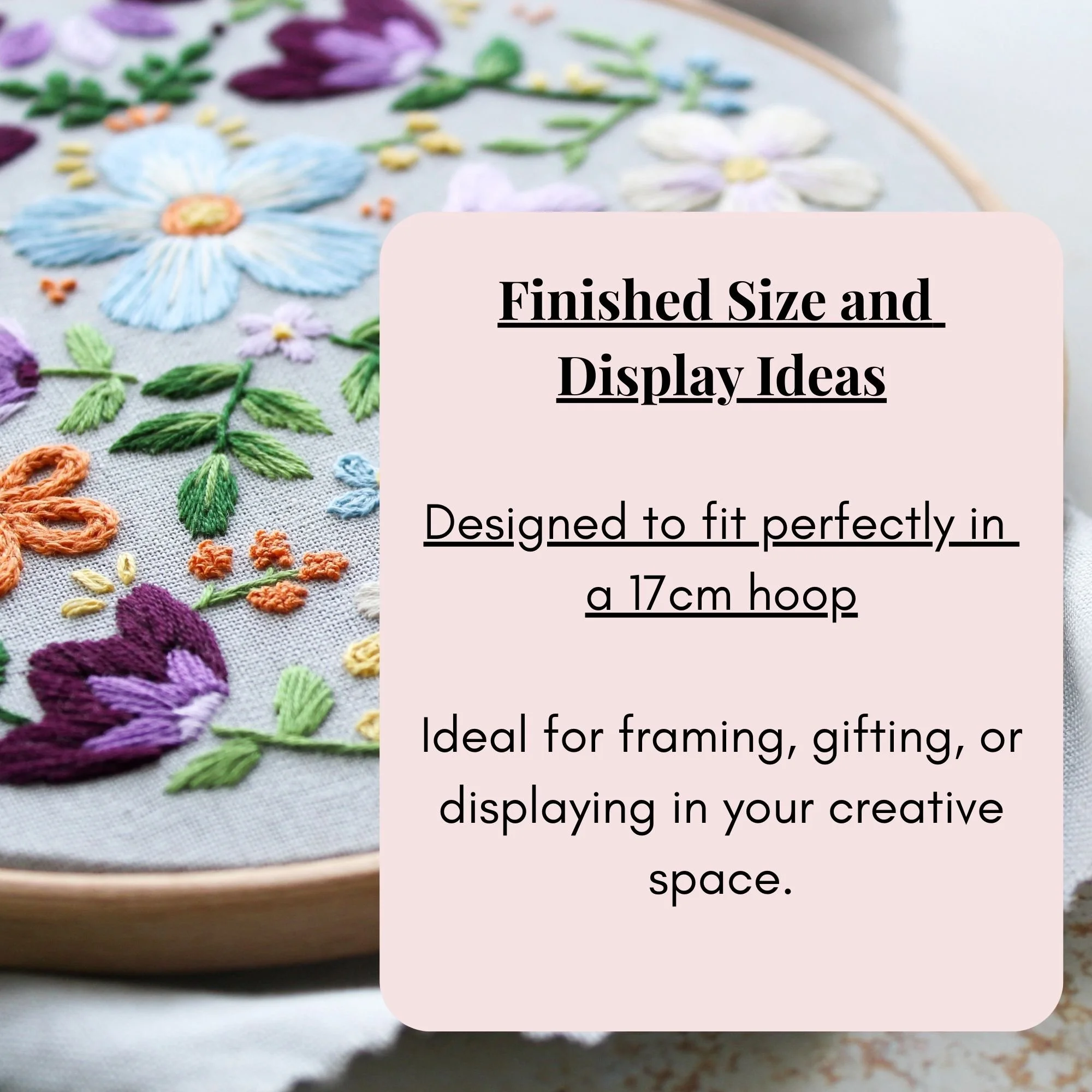 Penelope floral embroidery pattern designed to fit a 7 inch hoop for handmade wall decor or gift.