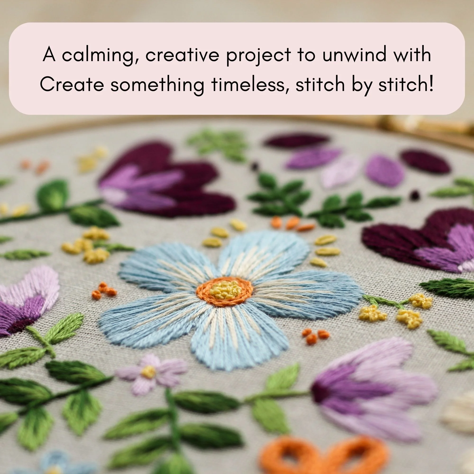 Mindful stitching floral embroidery project designed for calm, relaxing creative time using a beginner friendly hand embroidery pattern PDF.
