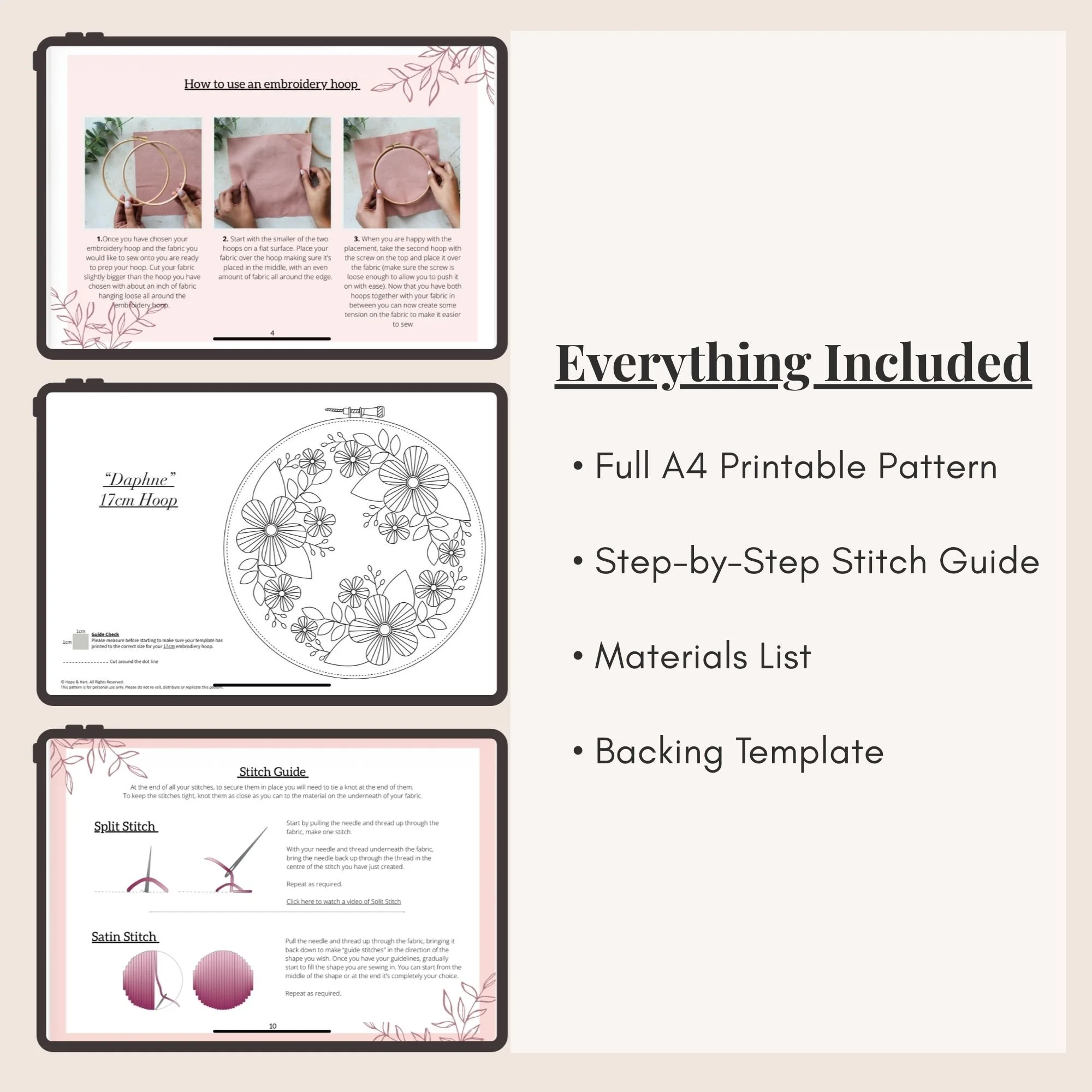 Preview of Daphne Folk Garden embroidery pattern PDF showing printable A4 template and step-by-step stitch guide pages.