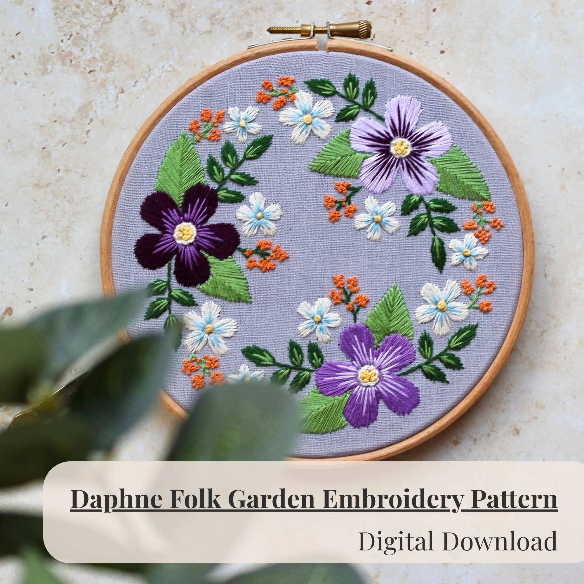 Daphne Folk Garden Embroidery Pattern – Beginner Floral PDF Download