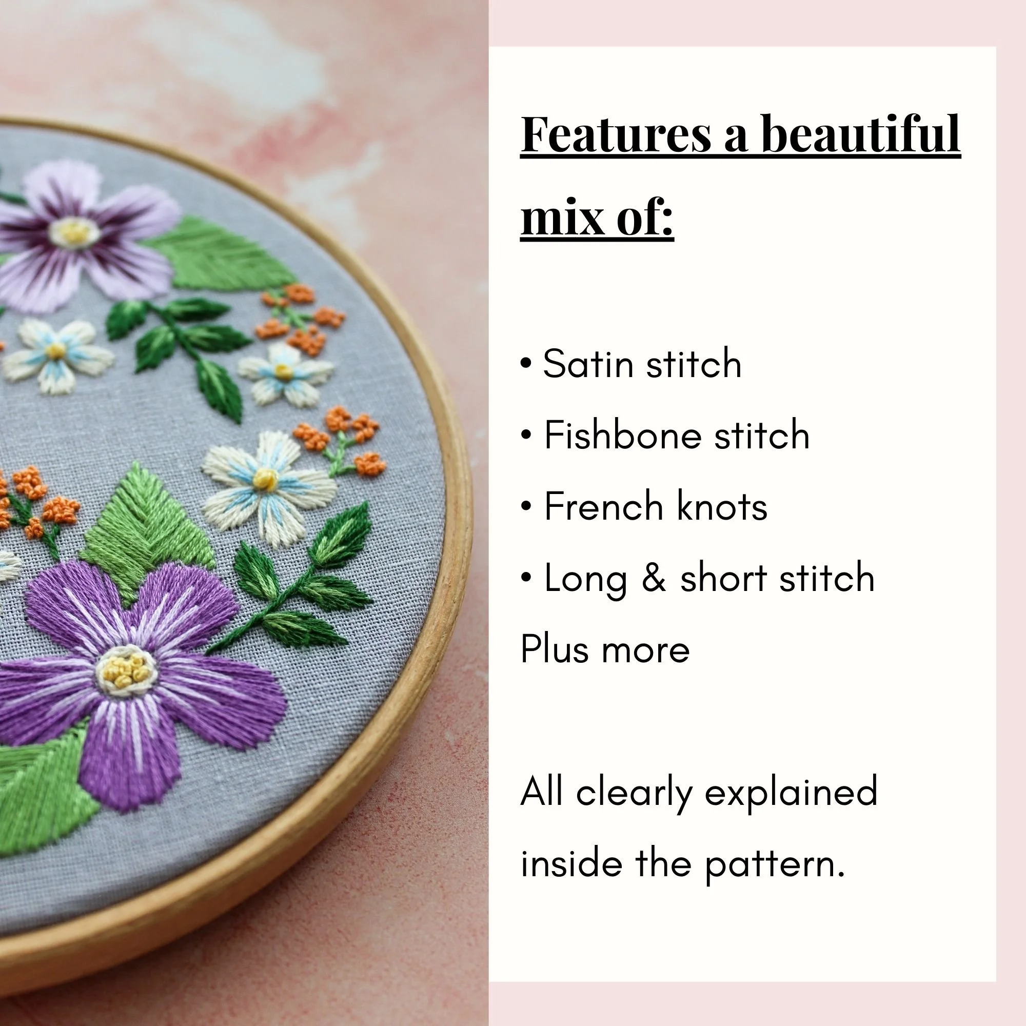 Folk floral embroidery hoop art showing satin stitch, fishbone stitch, and French knot details in a circular wreath design.