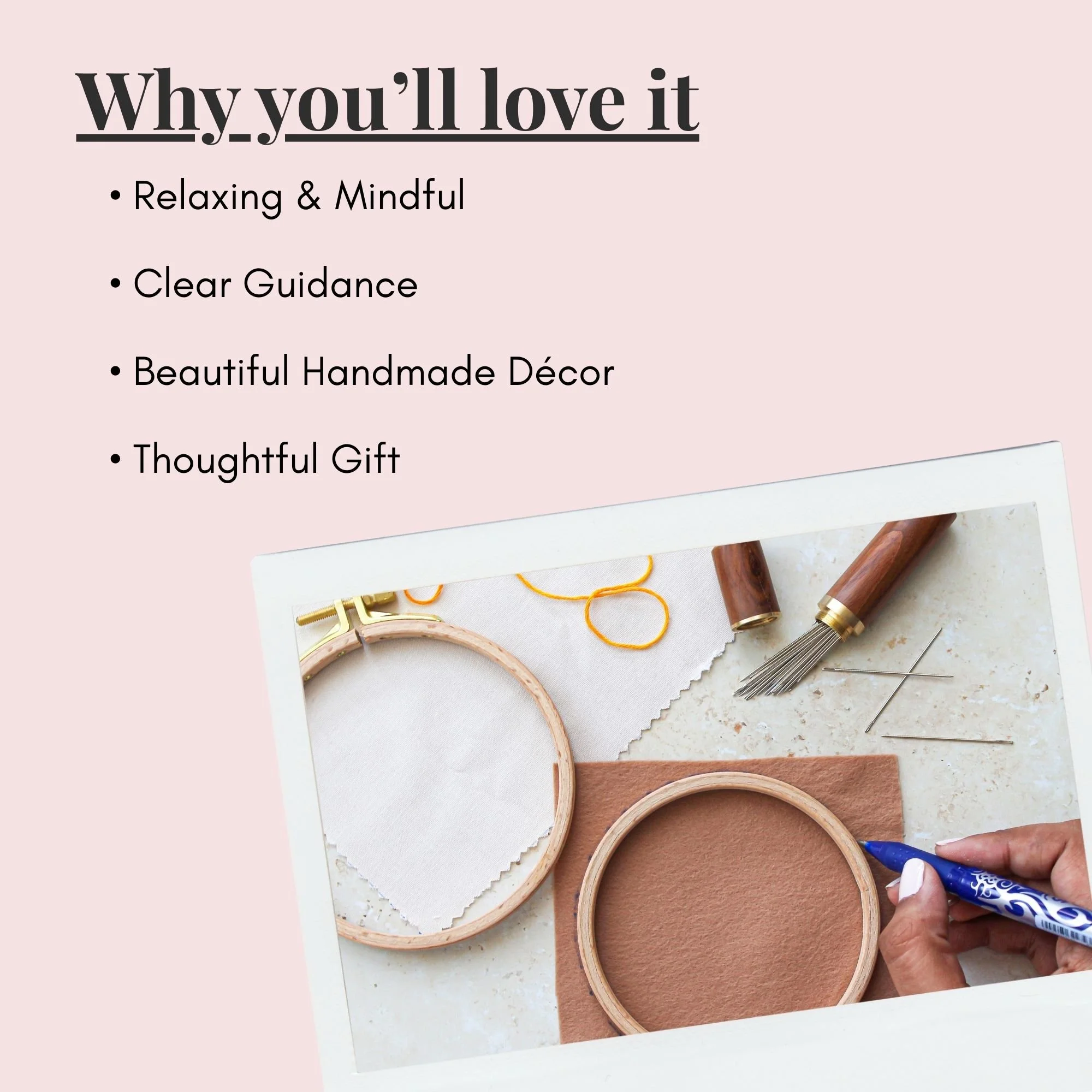 Embroidery tools and hoop backing template used to finish handmade floral embroidery hoop art.