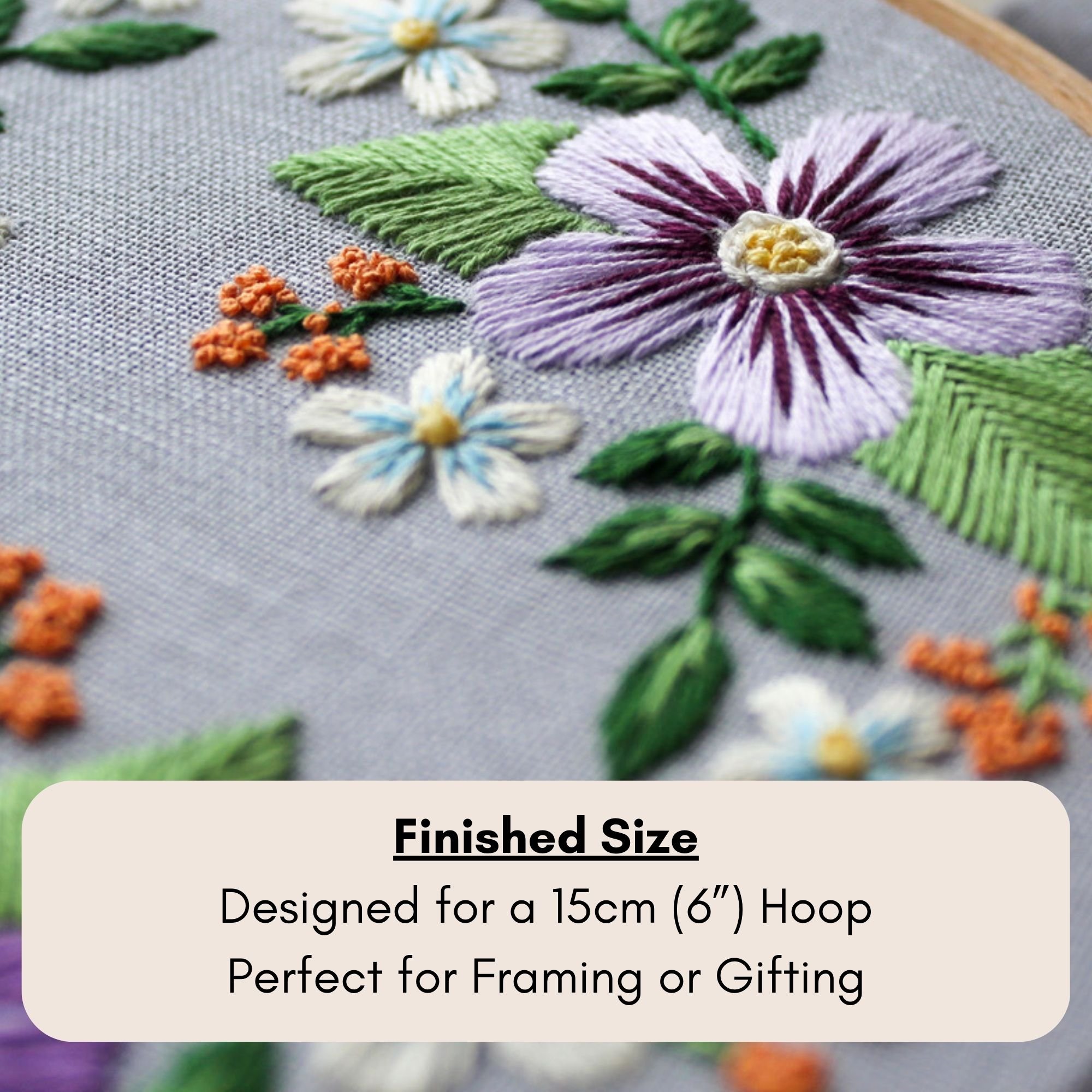 Finished Daphne Folk Garden embroidery design displayed in a 15cm embroidery hoop, suitable for framing or gifting.