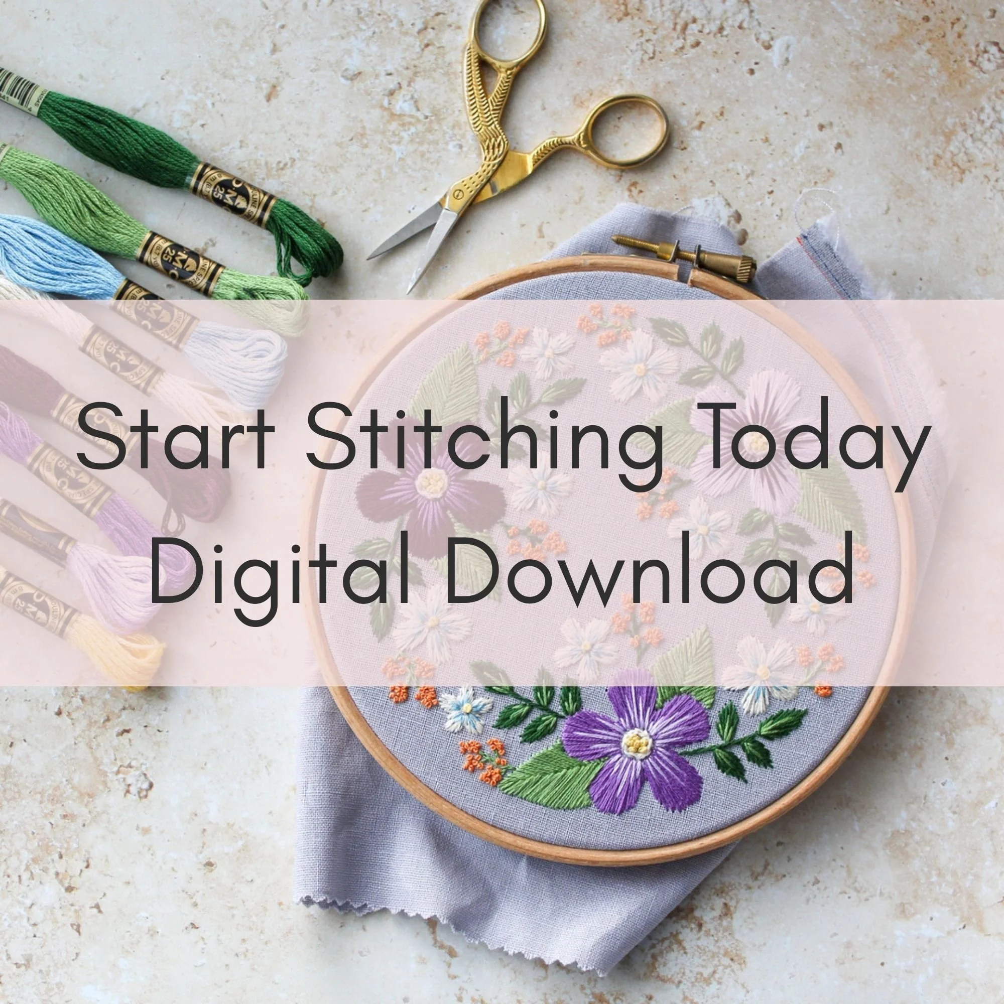 Daphne Folk Garden floral embroidery pattern with embroidery scissors and floss, instant digital download PDF.