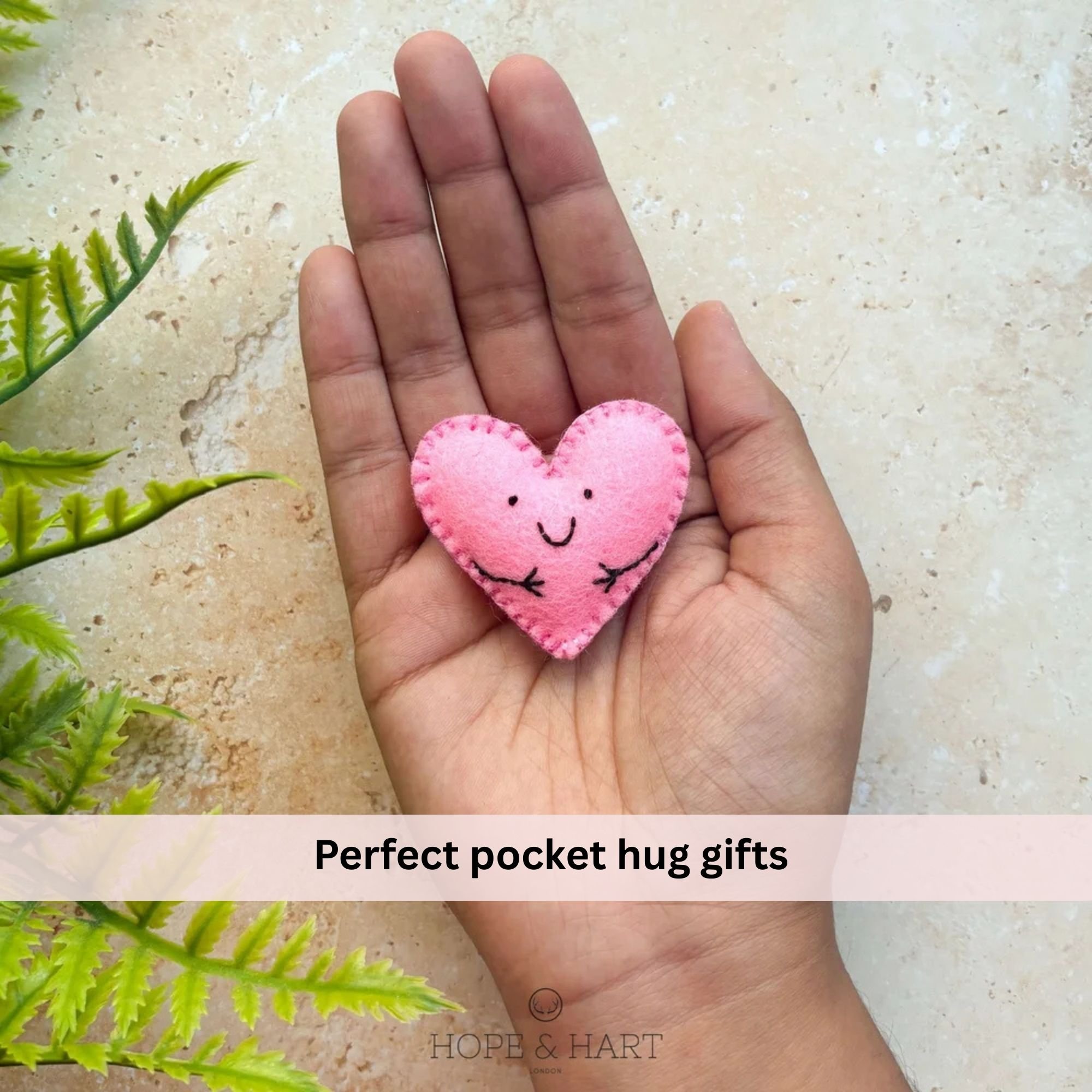 Small pink felt pocket hug heart held in hand – handmade comfort gift keepsake for children, friends or long distance love.