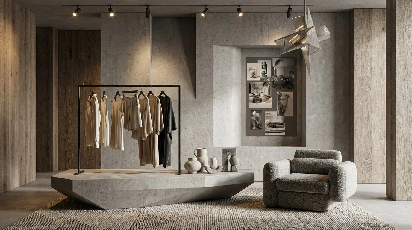 Minimalist clothing display with beige and black shirts on a black metal rack, placed on a concrete platform in a modern interior with concrete and wood walls, a textured armchair, decorative vases, and black and white wall art.