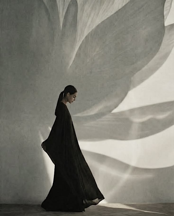 A woman wearing a long black dress standing and looking down in front of a wall with abstract shadow art.