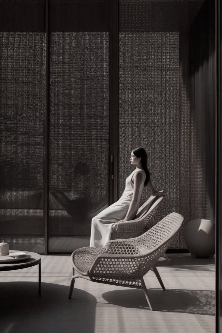 A woman in a white dress seated on a low chair near a large window with shadowed blinds, in a modern, minimalist interiors setting with a round table and decorative urn.
