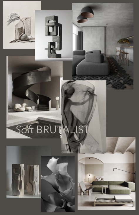 A collage of modern interior design images, including sculptures, abstract art, contemporary furniture, and minimalist decor in neutral tones.
