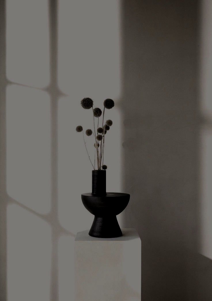 Minimalist black vase with round flowers on pedestal