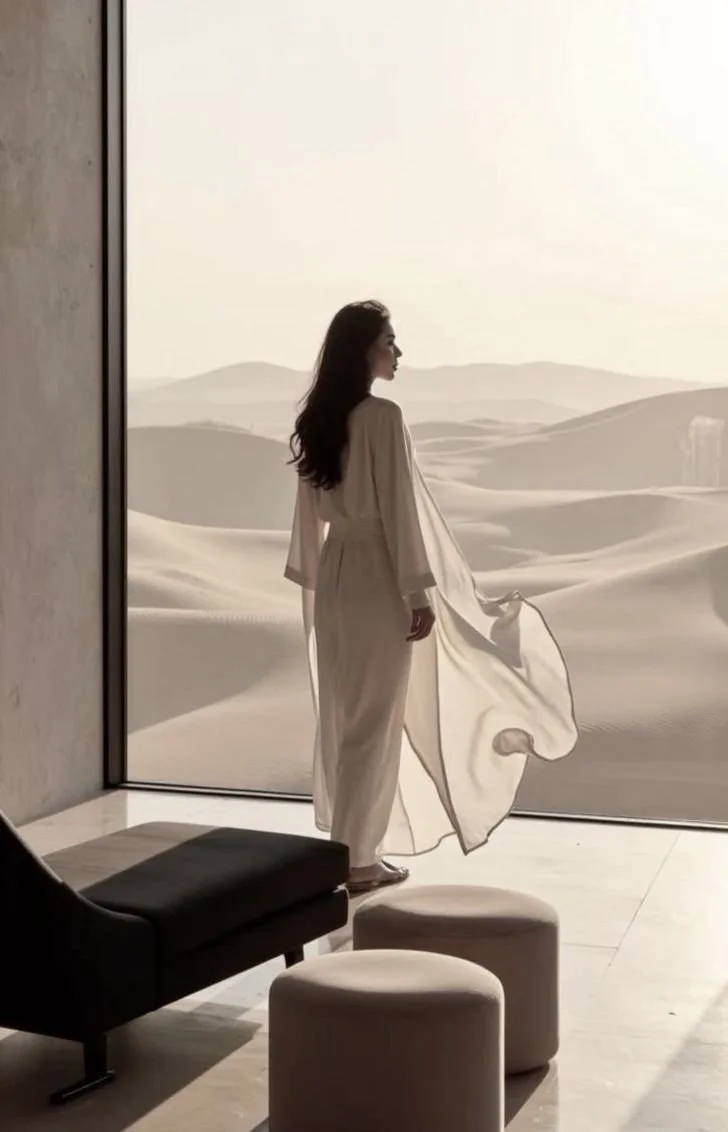 A woman in a long light-colored dress standing indoors, looking out a large window at desert dunes and mountains in the distance.