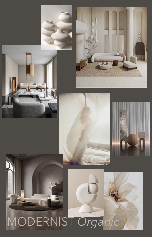 Collage of modern, minimalist interior design and decor with neutral tones and organic shapes, including vases, furniture, and flowers.