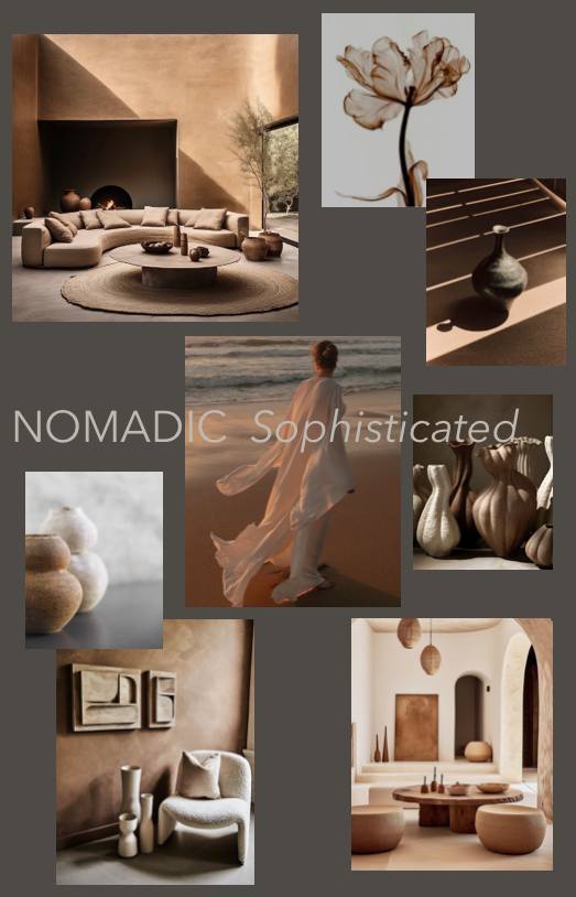 Collage of neutral-toned home interiors, pottery, a woman on the beach, and floral art with text 'NOMADIC Sophisticated'.