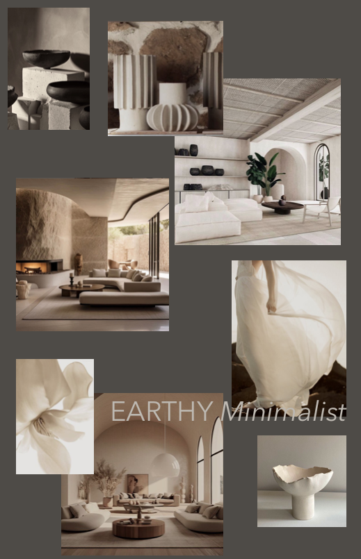 Collage of minimalist, earthy-toned interior spaces and decorative objects, including a living room with neutral furniture, sculptural vases, a person in a flowing dress, and the word "EARTHY Minimalist".