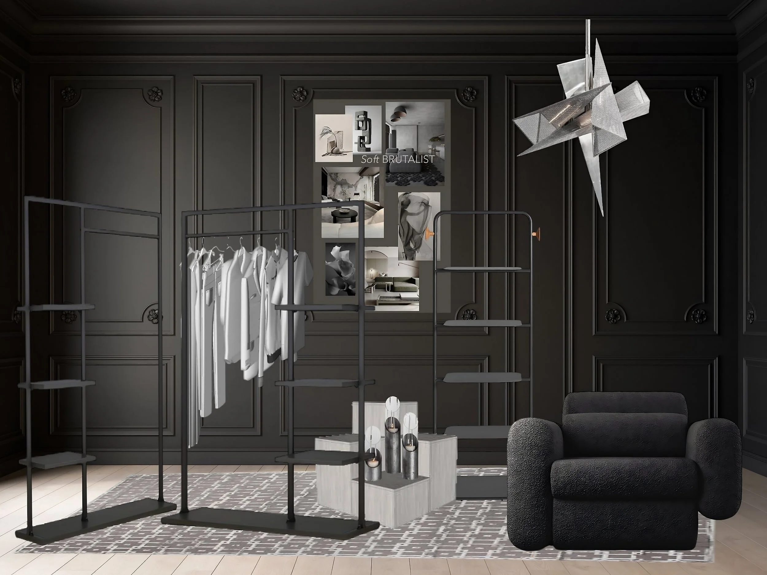 Modern black-walled room featuring a clothing display with white shirts on a rack, a black armchair, a geometric silver pendant light, a mirror with interior photos behind, and a patterned rug on light hardwood floors.
