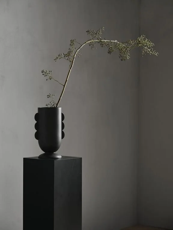 Minimalist black vase with a single branch on a pedestal