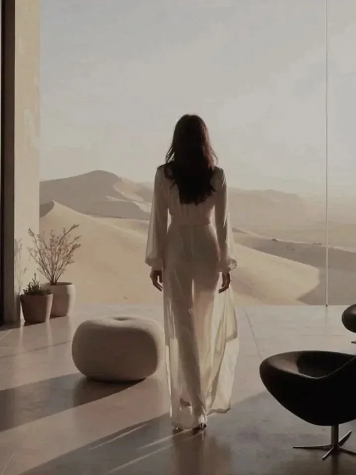Woman in a long light-colored dress walking towards a desert scene with sand dunes, plants in pots, and modern furniture inside a room.