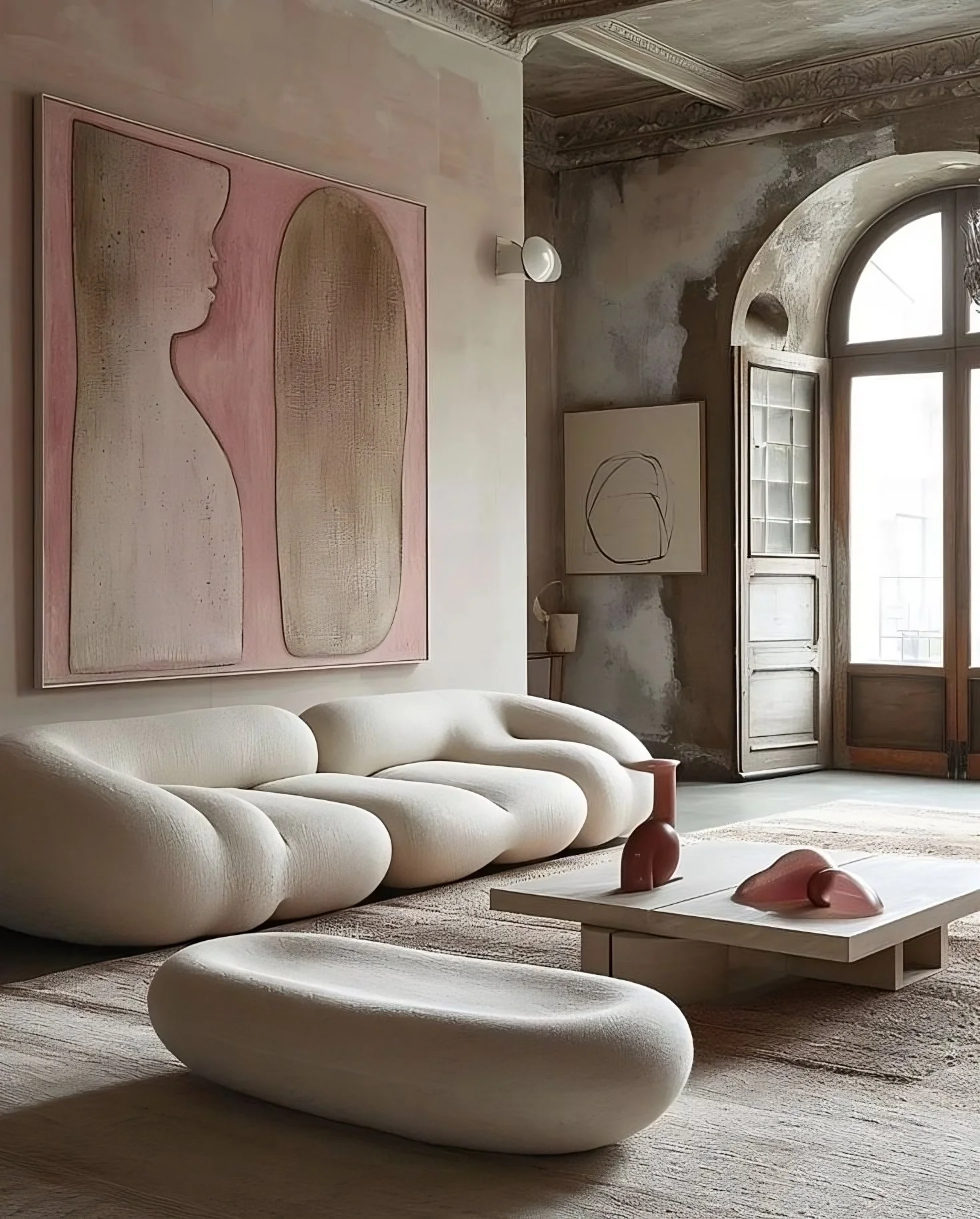 Elegant living room with modern white furniture, including a curved sofa and ottoman. Large abstract paintings in pink tones adorn the textured walls. A low table holds decorative pottery. Natural light streams through arched windows with rustic wooden shutters.