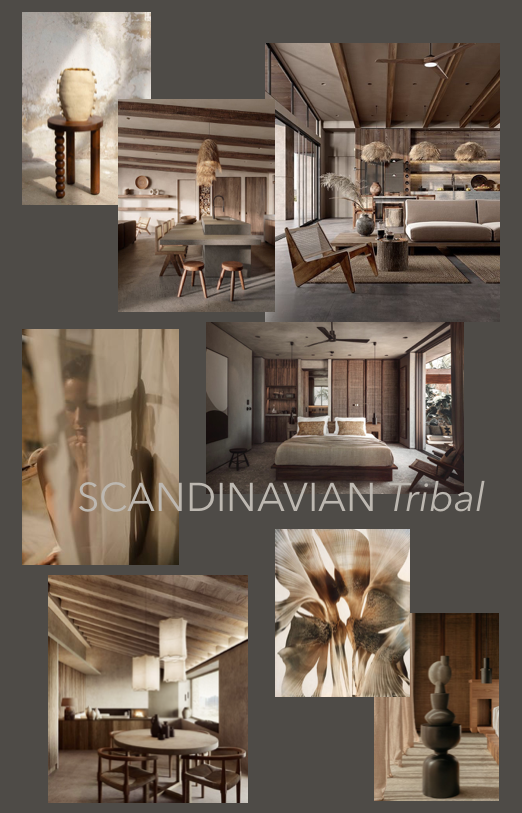 Collage of Scandinavian tribal-inspired interior design images, including living rooms, bedrooms, furniture, decor, and textiles with natural materials and earthy tones.