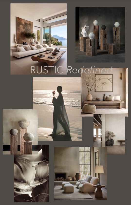 Collage of rustic interior and outdoor scenes featuring minimalist furniture, nature-inspired decor, pottery, and a woman on the beach holding flowers with ocean and mountain views in the background.