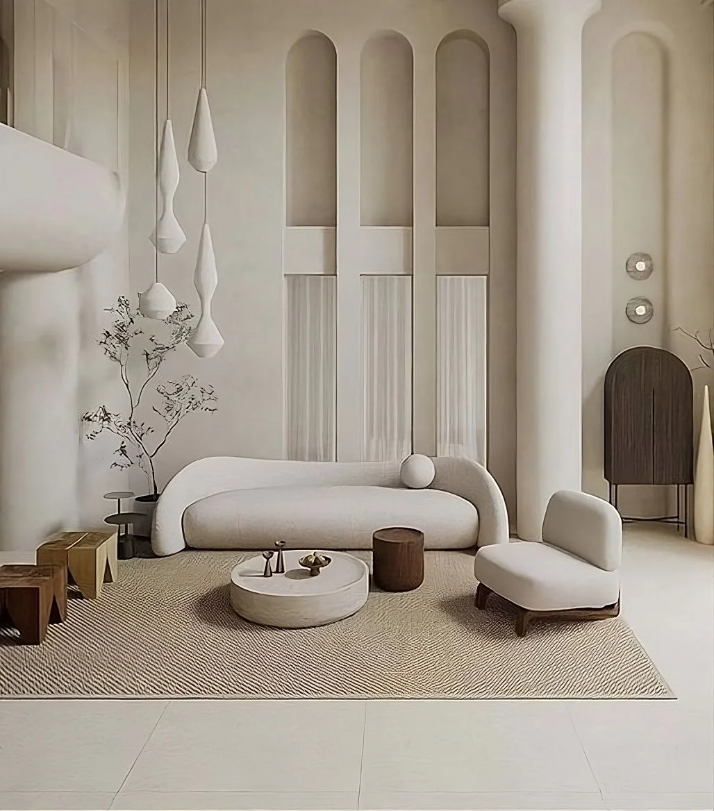 Minimalist living room with neutral tones, featuring a curved sofa, small armchair, round coffee tables, and pendant lights. The room has arched wall features, a large column, decorative plants, and textured rug.