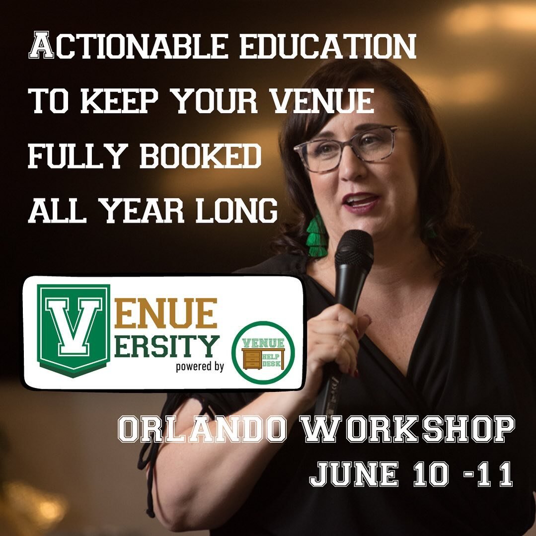 Venues! Venueversity is the flagship educational portion of Venue Help Desk - offering in-person workshops, done for you resources, online trainings and more. 

JOIN OUR WORKSHOP IN JUNE 2024!

This two-day in-person workshop is a fast-paced and ener