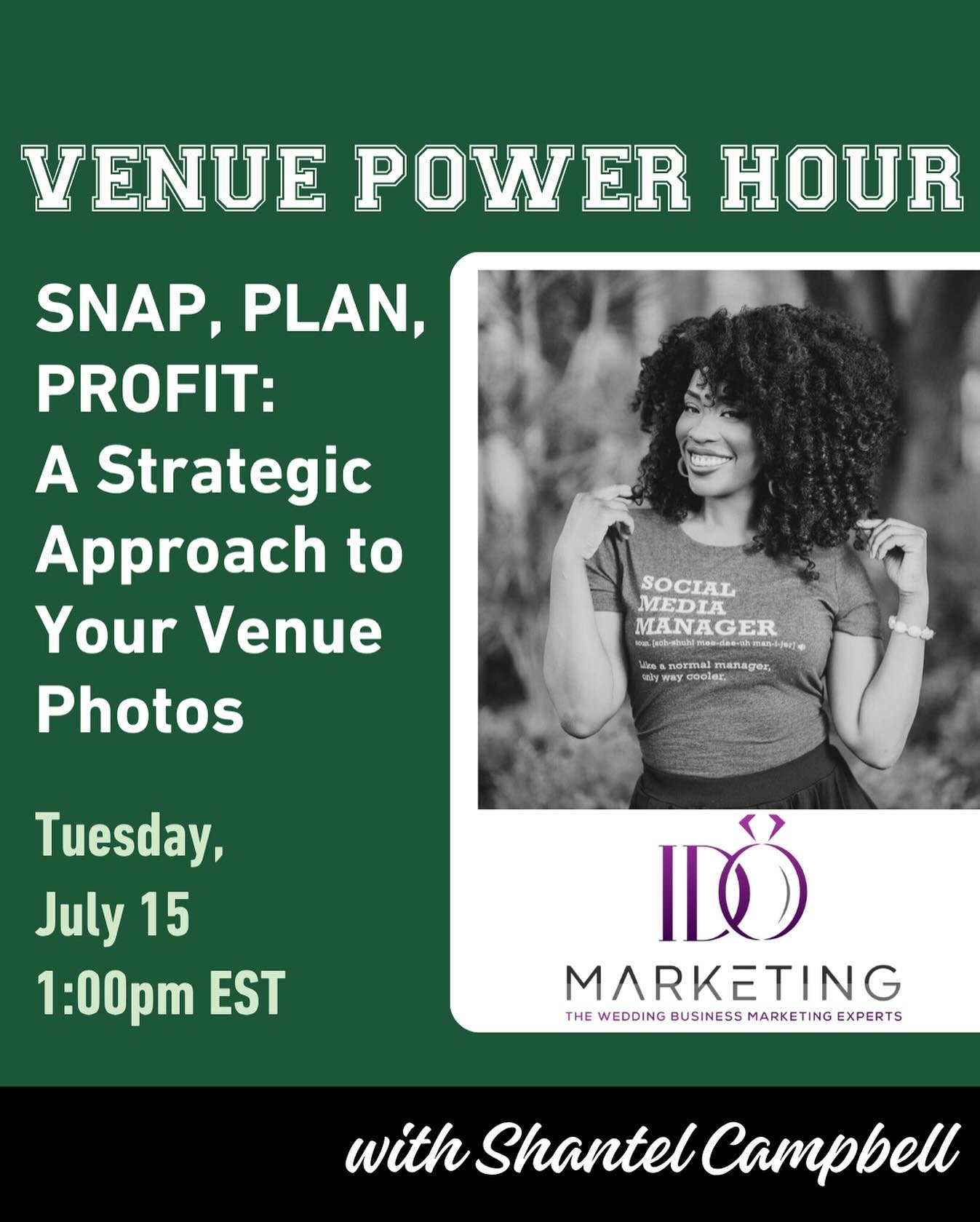 Join Shantel Campbell of IDo Marketing at our next Power Hour to learn:

-A step-by-step plan for chasing down photographers.
&nbsp;
-How to choose your top marketable venue images.
&nbsp;
-How to best utilize your photos across your website, social 