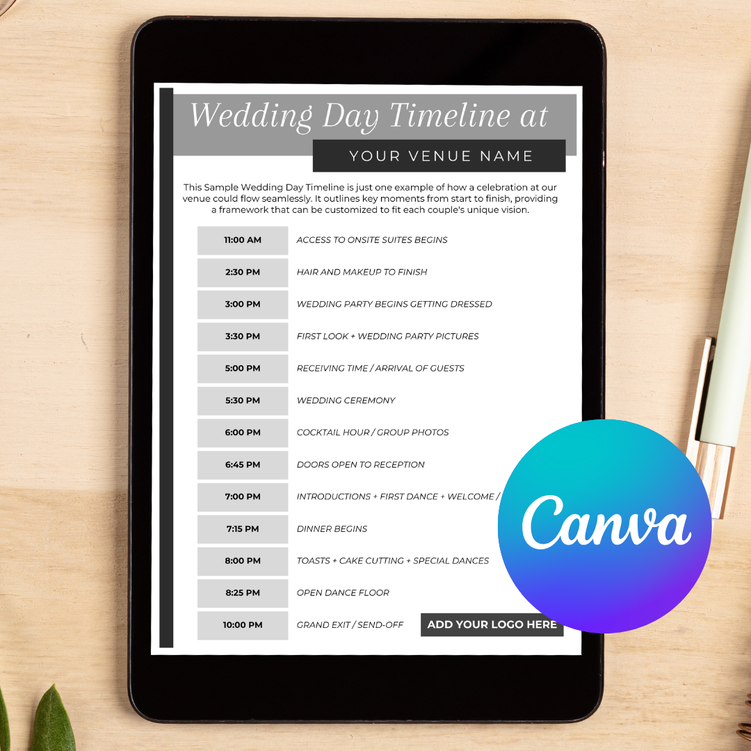 Sample Venue Wedding Day Timeline Editable Canva Template