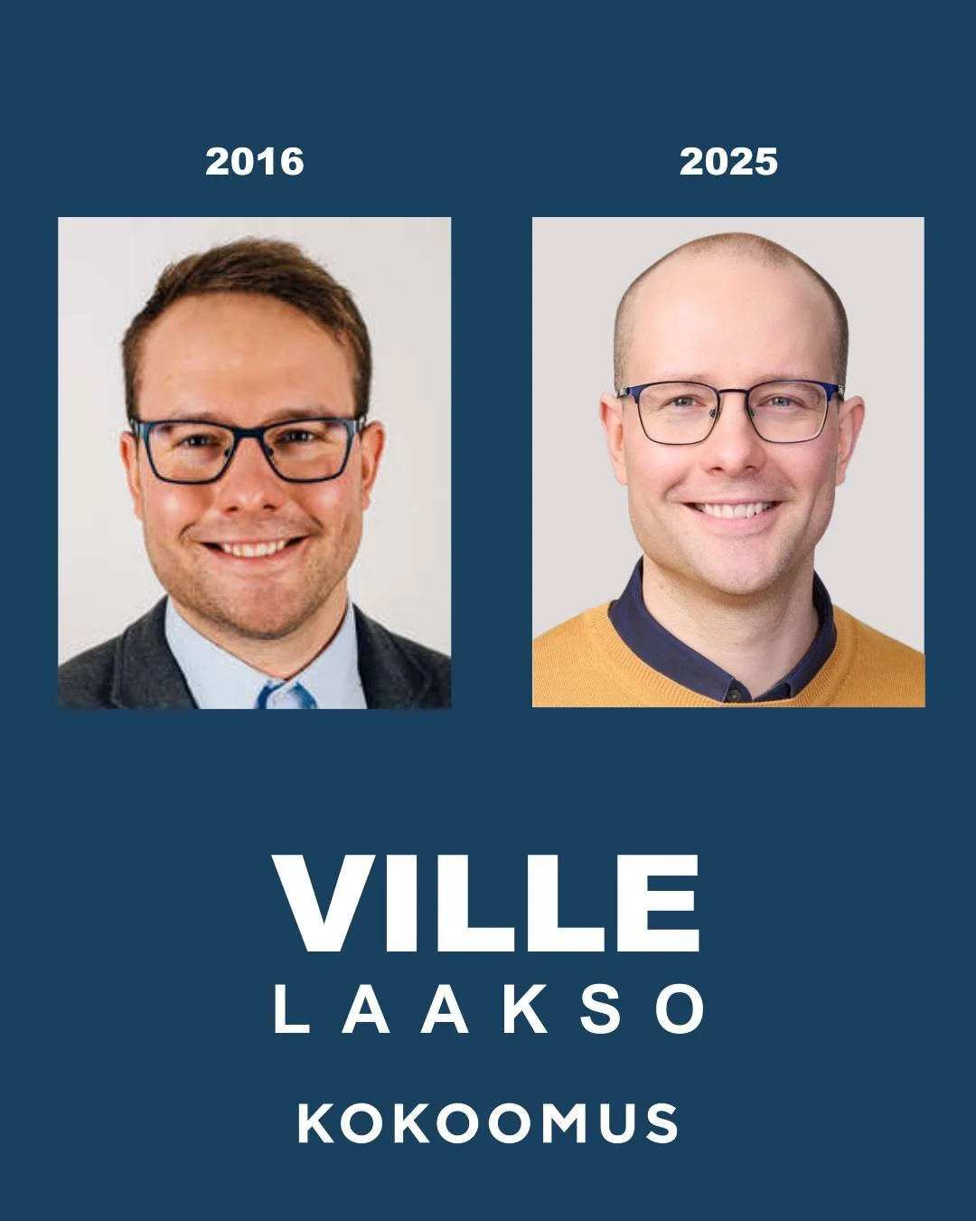 V&auml;ri l&auml;htee kasvoista ja tukka p&auml;&auml;st&auml;, mutta kokemusta karttuu! Vasemmalla kuva kuntavaaleista vuodelta 2016 ja oikealla t&auml;m&auml;n kev&auml;&auml;n virallinen kunta- ja aluevaaliposeeraus. 

On ollut kunnia palvella pai