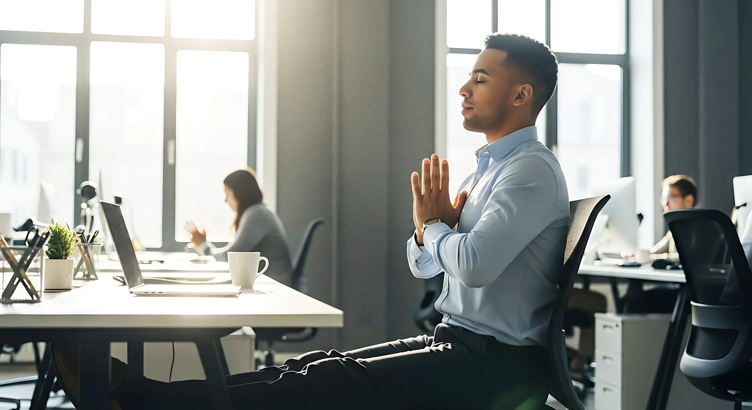 A Black male professional pauses in quiet reflection at his workplace, hands pressed together, eyes closed, with a softly blurred open office environment around him, conveying a omment of stillness amid the demands of a busy workday.