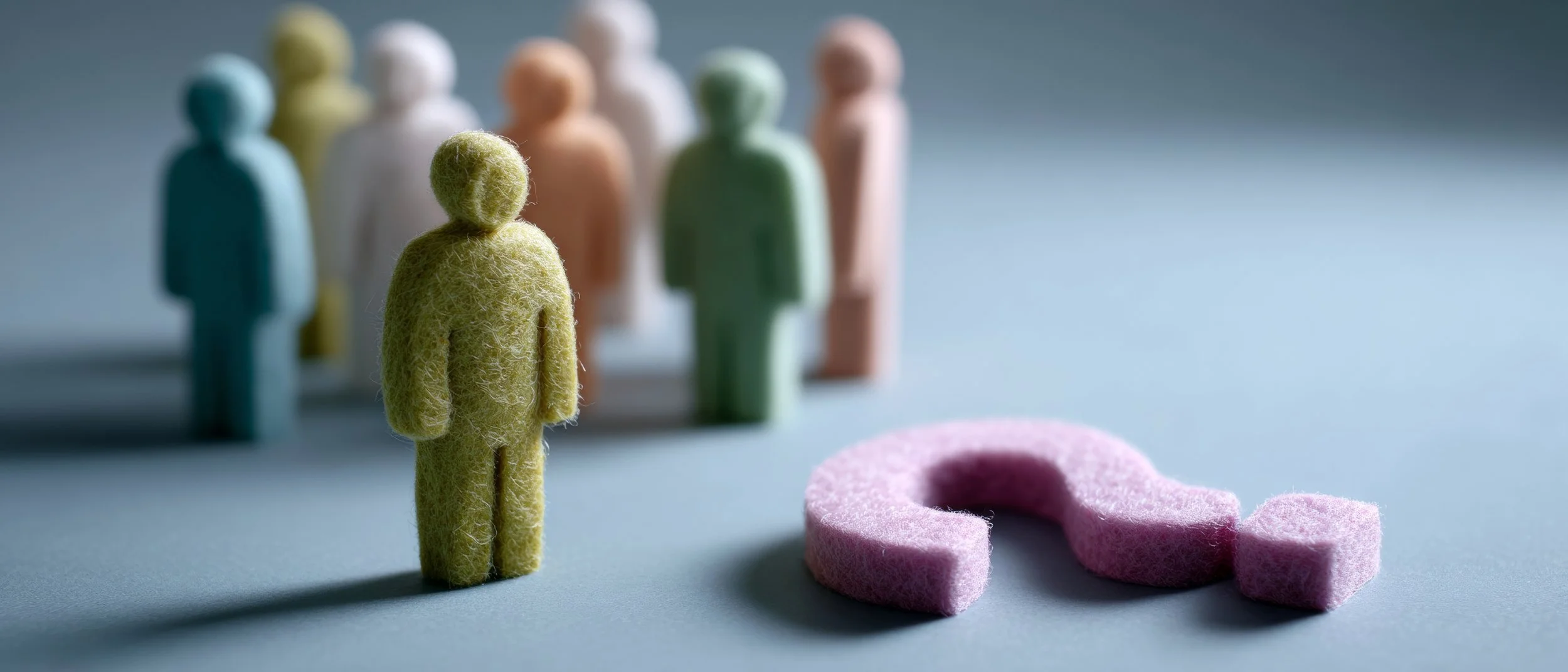 A group of colorful felt human figures standing together, with one green figure in the foreground facing a large pink question mark, symbolizing uncertainty and the weight of unanswered questions in a group context.