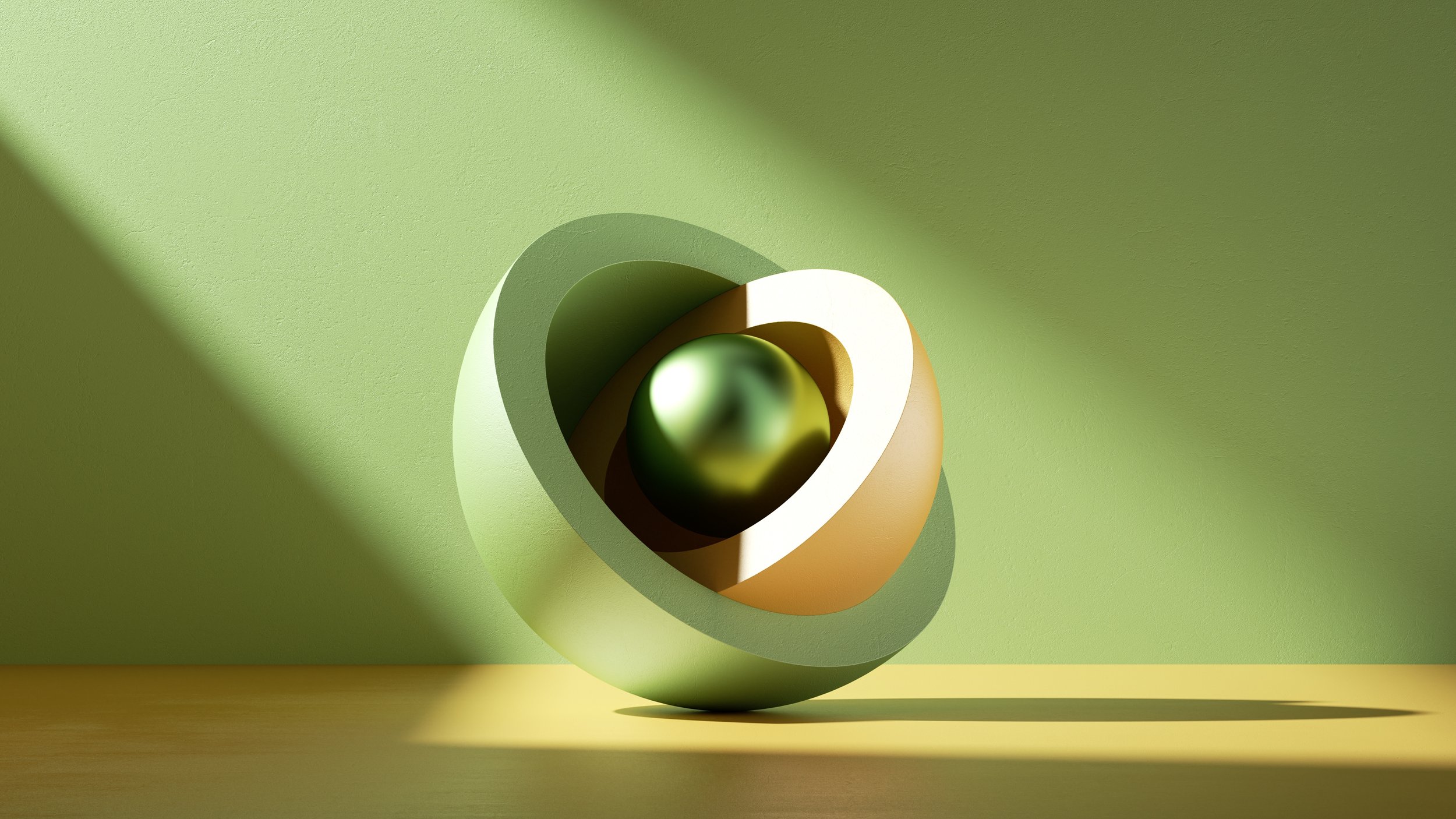 Abstract 3D sculpture of a metallic green sphere nested within layered curved shells in greenand gold tones, representing the interior architecture of organizational readiness.