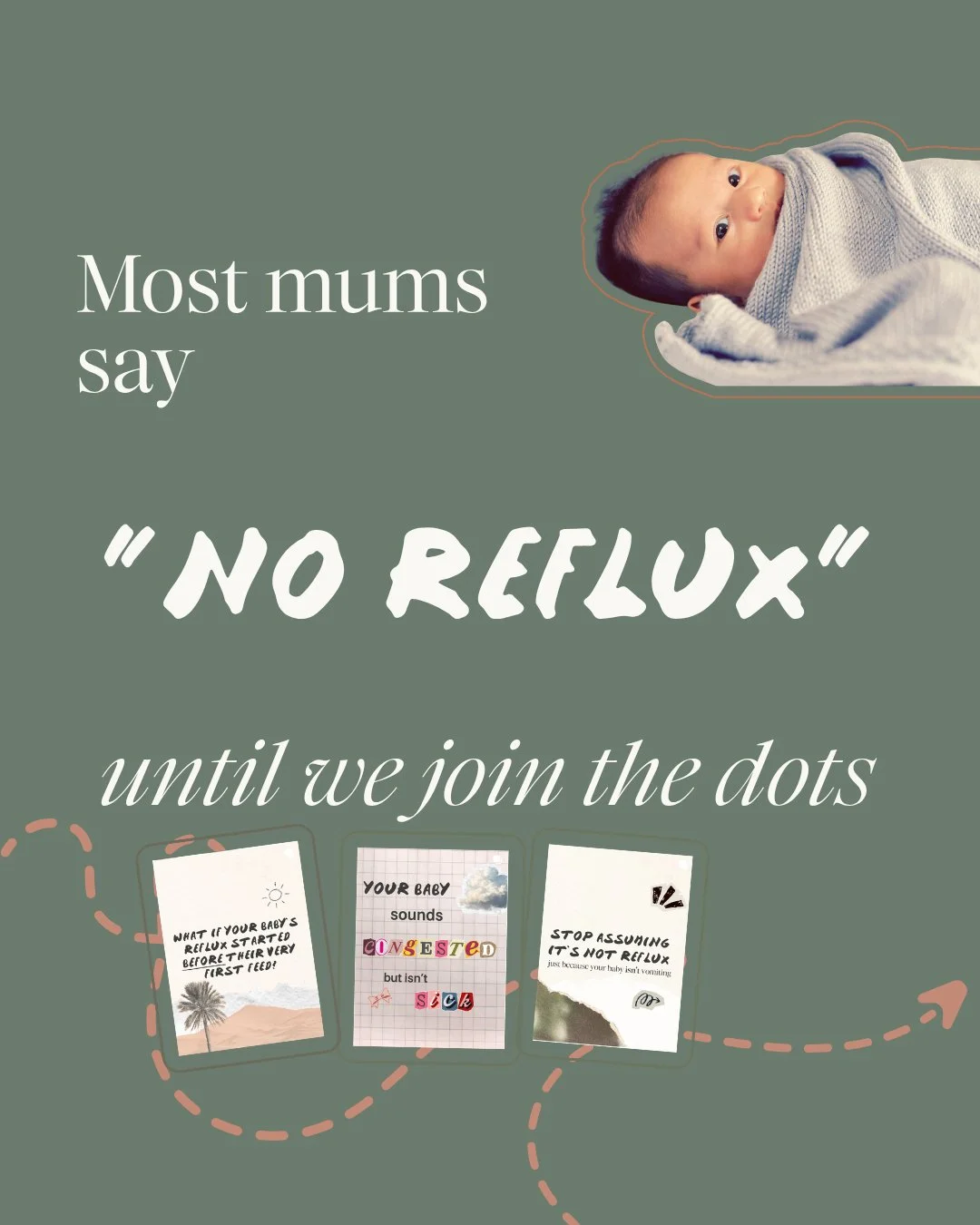 When I ask a mum if her baby has reflux, most say no at first.  But once we go through the signs and behaviours together, we often see the whole picture. 

Reflux does not always look the way people expect. Common signs can include spit up, noisy bre