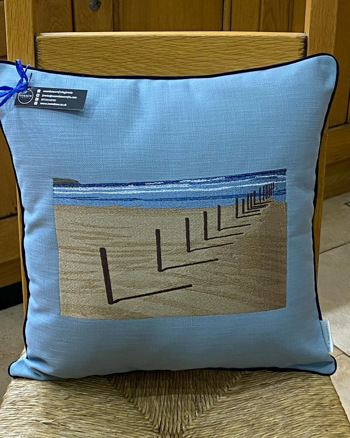 Large Portstewart Strand cushion made to order 🙏💙#portstewartstrand #northcoast #beach #nicrafts #sosewcraftsmadebyjennie #digitizedembroiderydesign