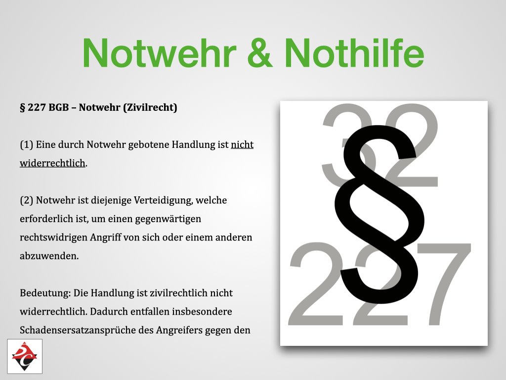 Informationsblatt über Notwehr und Nothilfe nach deutschem Recht, mit Paragraphen und Paragraphenzeichen, grün kennzeichnet den Titel, schwarzer Paragraphen-Text, großes schwarzes Paragraphenzeichen auf weißem Hintergrund. Logo im unteren linken Eck.