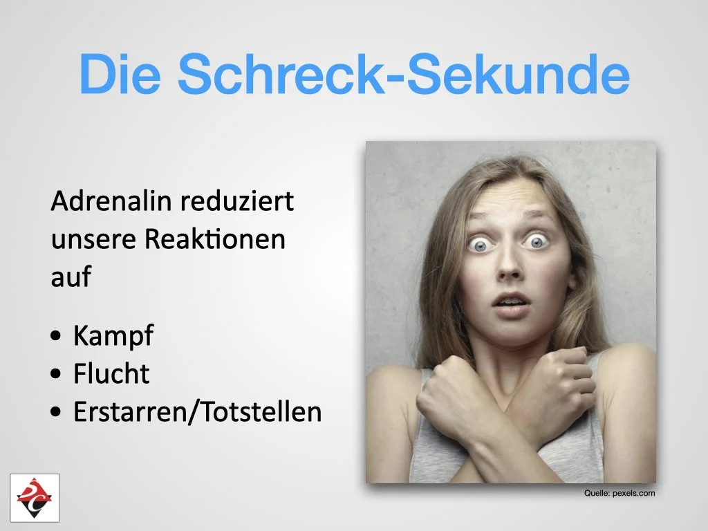 Frau mit schockiertem Ausdruck, die die Arme vor der Brust verschränkt, auf grauem Hintergrund, sichtbar neben einem Text über Adrenalin und Reaktionen.
